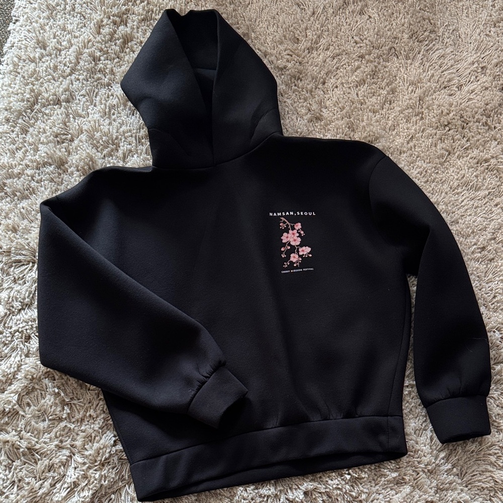 Cherry Blossom Graphic Black Neoprene Hoodie (unisex)